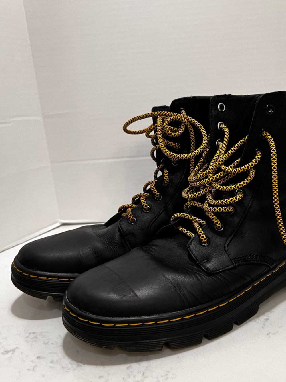 Dr. Martens Black Leather Lace-Up Boots with Yellow Accents - Picture 4 of 16